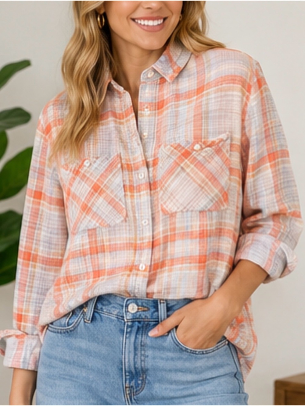 Sanctuary Peach & Cream Plaid Button-Down Boyfriend Shirt